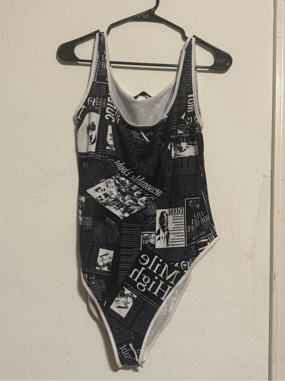 Shein Black & White Newspaper Print One-Piece Bodysuit Size XL